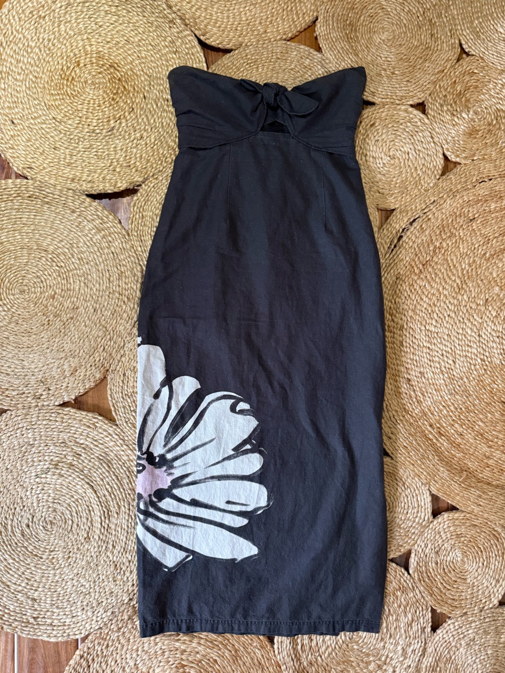 Maeve Black Strapless Midi Dress with White Floral Accent